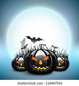 Scary pumpkins with flying bats on Halloween full moon night background. EPS 10.