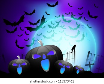 Scary pumpkins and flying bats on spooky Halloween night. EPS 10.