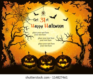 Scary pumpkins, full moon, trees and bats. Orange grungy halloween background. Vector Illustration.