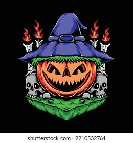 scary pumpkins halloween with witch hat vector