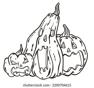 Calabazas aterradoras, ilustración de vector de contorno dibujado a mano para halloween