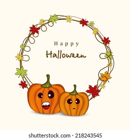 Scary pumpkins with maple leaf decorated circle on beige background for Happy Halloween party night celebrations. 