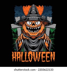 scary pumpkins scarecrow vector illustration