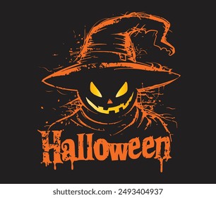 Scary pumpkins scarecrow vector illustration, Halloween pumpkin silhouettes carved into faces