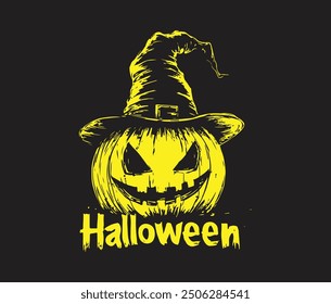 Scary pumpkins scarecrow vector illustration, Halloween pumpkin silhouettes carved into faces