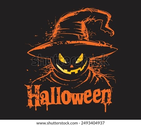Scary pumpkins scarecrow vector illustration, Halloween pumpkin silhouettes carved into faces