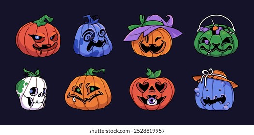 Conjunto de calabazas de miedo. Diferentes calabazas espeluznantes con caras temerosas cortadas, sombrero de bruja, caramelos. Fantasma espeluznante de Halloween. Personaje tradicional de Helloween, Jack Lantern. Ilustraciones vectoriales aisladas planas