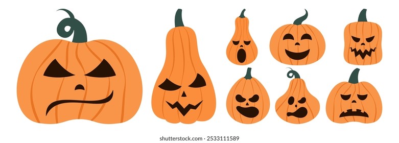 Conjunto de calabazas de miedo. Diseño espeluznante para Halloween. Lindo jack o linterna con diferentes expresiones faciales