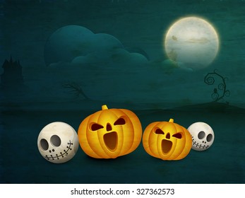 Scary pumpkins with skulls on horrible grungy night background for Happy Halloween Party celebration.
