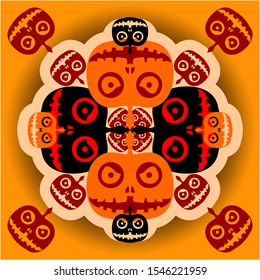 Scary pumpkins symmetrical arrangement. Abstract kaleidoscope image for Halloween.
