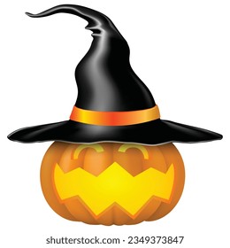 scary pumpkins with witch hat halloween, creepy pumpkin ghost, vector illustration