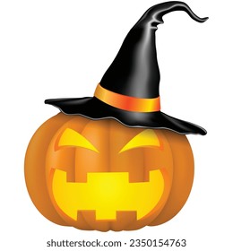 scary pumpkins with witch hat halloween, creepy pumpkin ghost, vector illustration