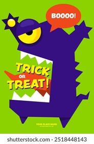 Scary purple monster character isolated green color background flat design style. Halloween party poster template. Design element can be used for print, invitation, banner, flyer, vector illustration