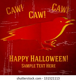 Scary raven cut out from the craft paper, with grunge and scratches. With halloween greeting and place for your text. vector
