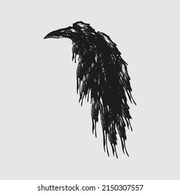 Scary raven silhouette. Crow ink tattoo. Black bird vector illustration.