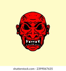 scary red demon face character, imaginative illustration. Hand drawn