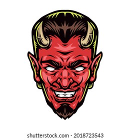 Scary red devil head with horns in vintage style isolated vector illustration