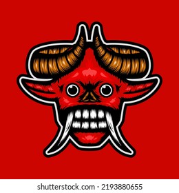 scary red devil illustration with brown horns, fangs, bulging eyes and long ears. brown and red. handrawn, mascot, scary, colors and details style. suitable for logo, sports, t shirt, clothing