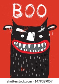 Scary Red Devil Vector Design for Card, Poster, Invitation. Red Monster with Glowing Eyes and Big White Teeth. Angry Black Bull on a Red Background. Funny Halloween Decoration. Handwritten White Boo.