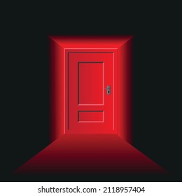 Scary red door with hell light, as a symbol for thrill, danger, fear. Vector illustration