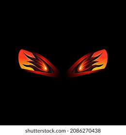 Scary red evil eyes with burning flames - Halloween horror costume element. Flaming and glowing orange eye pair isolated on black background, vector illustration.