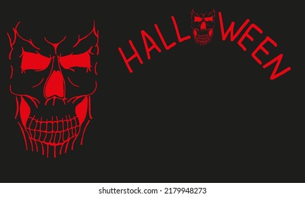 Scary red skull on black background with copy space. Halloween flyer concept. Halloween background with cranium and copy space.