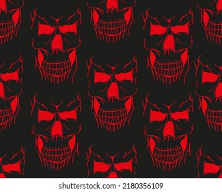 Scary red skulls pattern on black background. Halloween flyer concept. Halloween background with cranium.
