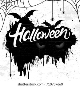 Scary Retro background for Happy Halloween with stylish text of Halloween, Bat, Eyes, Spiders and Web.
