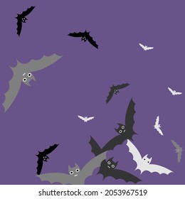 Scary Retro Colorful White Wallpaper. Black Gothic Grey Spooky Print Bats Vector Design Pic. Creepy Night Sky Attack Flying Bats Art Pattern. Eyes Motion Purple Violet Halloween Art Illustration.
