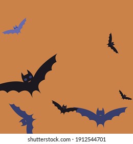 Scary Retro Motion Spooky Halloween Art Illustration. Night Sky Colorful Eyes Black Bats Vector Background. Attack Orange Creepy Chaos Art Flying Bats Fabrics. Violet Purple Gothic Print Background.
