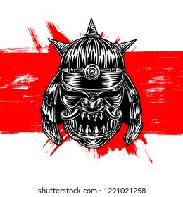 Scary Samurai War Helm, Splat Background, Isolated Vector, Hand Drawn