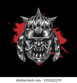 Scary Samurai War Helm, Splat Background, Isolated Vector