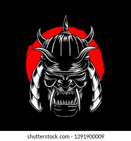 Scary Samurai Warhelm Hightlight, Dark Background, Hand Drawn, Isolated Vector