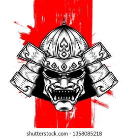 Scary Samurai Warrior Warhelm, Hand Drawn Illustration, Isolated Vector