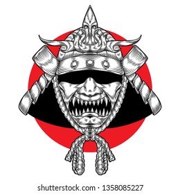 Scary Samurai Warrior Warhelm, Hand Drawn Illustration, Isolated Vector