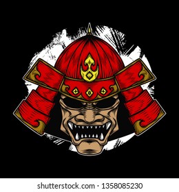 Scary Samurai Warrior Warhelm, Hand Drawn Illustration, Isolated Vector