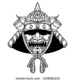 Scary Samurai Warrior Warhelm, Hand Drawn Illustration, Isolated Vector