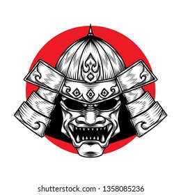 Scary Samurai Warrior Warhelm, Hand Drawn Illustration, Isolated Vector