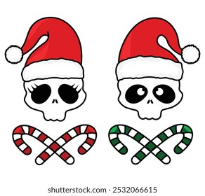 Scary Santa Claus Skull Symbole Vektor. Der Schädel des Weihnachtsmannes mit gekreuzten Bonbons Cartoon-Charakter. Gespenstische Santa-Symbole einzeln auf weißem Hintergrund. Unheimliche Weihnachts-Symbol-Vektor.