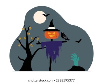Scary scarecrow against a full moon, and a rising zombie hand.