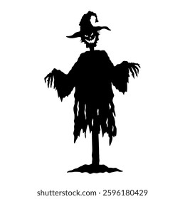 Scary scarecrow. Black silhouette. Vertical front view. Vector simple flat graphic illustration. Isolated object on white background. Isolate.