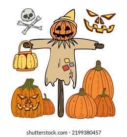 Scary scarecrow pumpkin jack halloween flat. Spooky face. Autumn holiday. Monster costume, ghosts. Hand drawn vector illustration.
