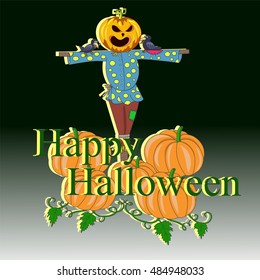 Scary scarecrow with a pumpkin on his head to invite Halloween