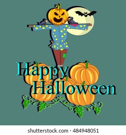 Scary scarecrow with a pumpkin on his head to invite Halloween
