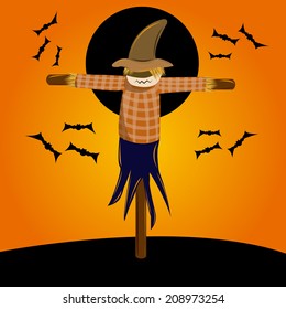 a scary scarecrow with some bats on the background