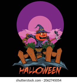 Scary scarecrow when night comes. Happy Halloween. Vector illustration.