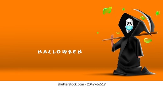 scary scream grim reaper wearing face mask protecting from coronavirus or COVID-19, surrounded by viruses with orange background with realistic coloring and cute style