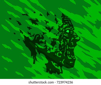 Scary screaming grim demon profile. Vector illustration. The horror genre. Green color background.