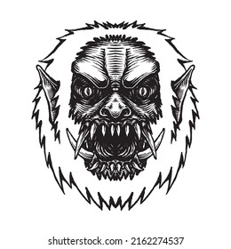 Scary Screaming Monster Face  With Sharp Fangs, Hand Drawn Illustration