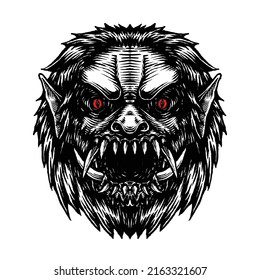 Scary Screaming Monster Face  With Sharp Fangs, Hand Drawn Illustration